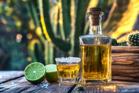 bottle of tequila, a shot glass, lime and salt on the wooden tableの素材