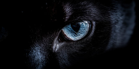 close up of a black panther's eyes looks at camera on the dark backgroundの素材