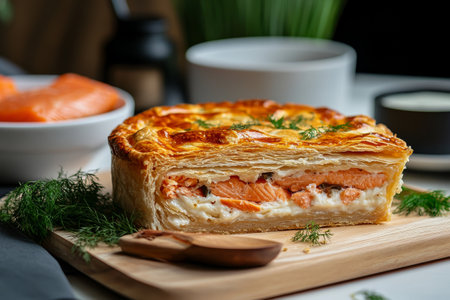 cutted pie with salmon on the table on cutting boardの素材