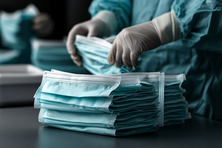 doctor's hands taking new surgical mask in operation room. Healthcare and medical safety conceptの素材