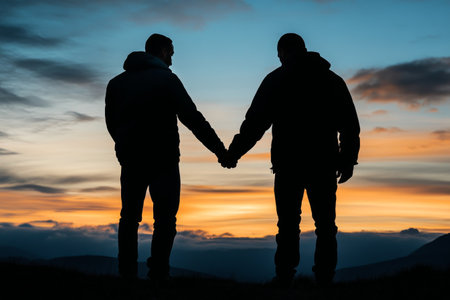 silhouette of male gay couple holding hands on beautiful sunset backgroundの素材