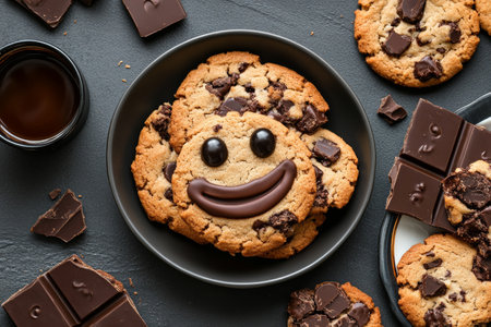 top view of cookies with chocolate in bowl with smile on itの素材