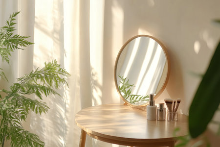 mirror on dressing table with cosmetic and plantの素材