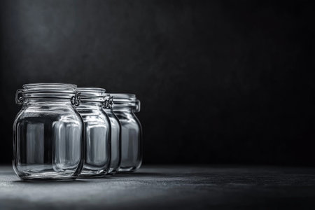 Empty glass jars on the dark background with copy spaceの素材