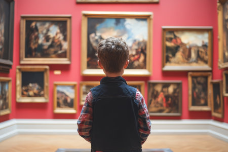 Back portrait of a kid looking at museum paintings in art galleryの素材