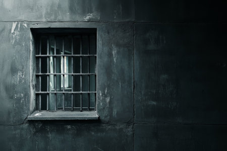 window with bars on the concrete wall background with copy spaceの素材