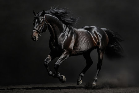 Full length black horse on black backgroundの素材