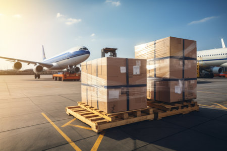 pallets with boxes at the airport, modern airplane in the backgroundの素材