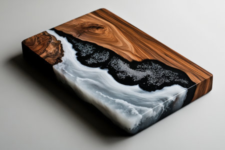 Epoxy resin cutting board with wood grain texture on the table. Handmade kitchen accessory with artistic designの素材