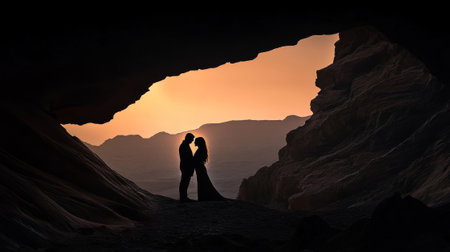 silhouette of couple in love in sandstone canyon in sunset lightの素材