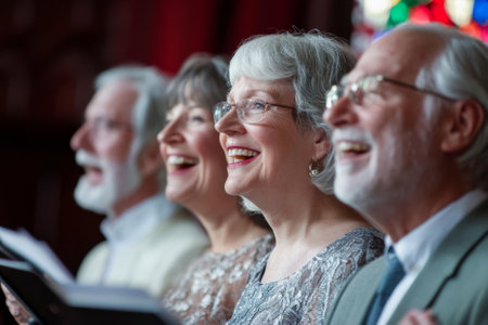Elderly choir group in grey with books singing in churchの素材