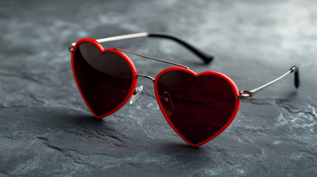red heart shaped sunglasses on the grey backgroundの素材