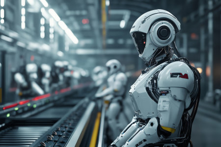 modern robots working in modern factory with conveyor belt, technology conceptの素材