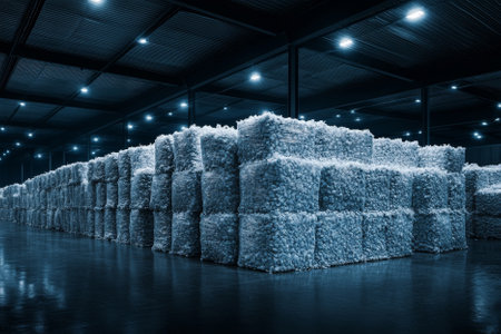 bales of recycled plastic in big warehouseの素材