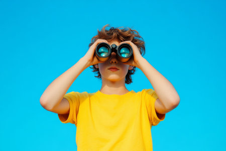 Boy in yellow shirt with binoculars looking on blue backgroundの素材