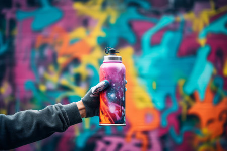 hand holding spray paint for graffiti on the colorful wallの素材