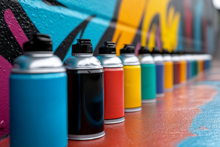 many cans of spray paint for graffiti on the colorful backgroundの素材