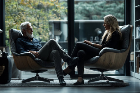 mature man patient and woman psychologist in modern officeの素材