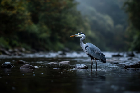 a heron stands in the river with copy spaceの素材