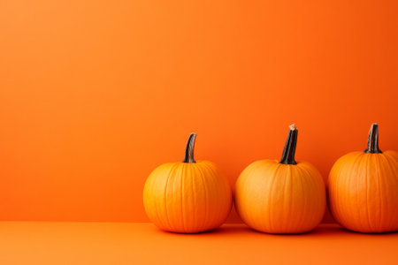 three pumpkins on orange background with copy spaceの素材