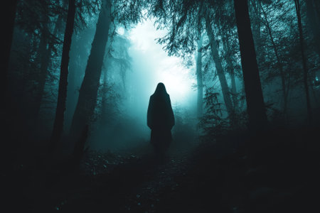 silhouette of ghost in a dark forest with copy spaceの素材