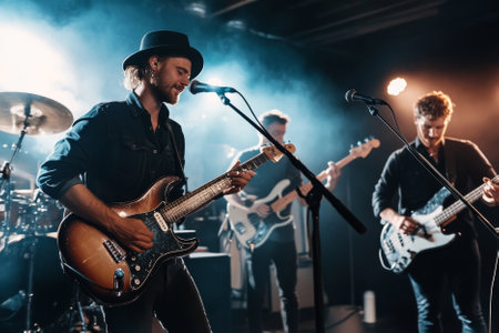 music band on stage in nightclub with light on backgroundの素材