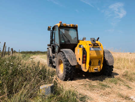Tractor through a wheat field in a clear sky and sunny dayの写真素材