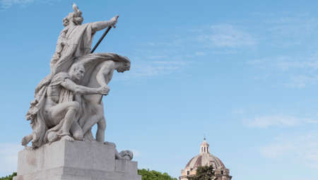Campidoglio, Roma, Italy - Oct 23, 2016: Sculpture present within the Italian national monument called the altar of the homeland. In the background a beautiful blue sky with some clouds.のeditorial素材