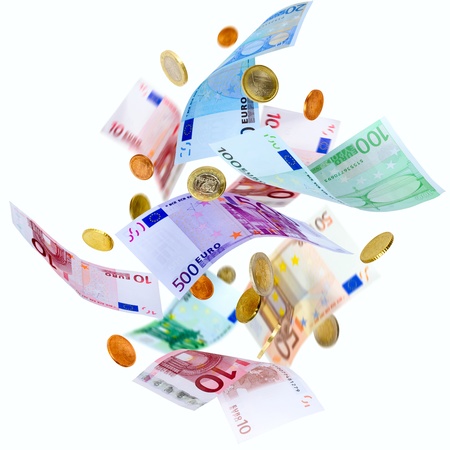 Falling Euro banknotes and coins isolated on white Falling Euro banknotes and coins isolated on white