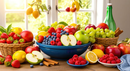 Colorful Fresh Fruit Bowl on Rustic Table with Sunlight and Seasonal Decorの素材