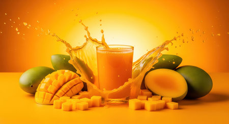 Tropical Mango Juice Splash with Fresh Mangoes on Vibrant Orange Backgroundの素材