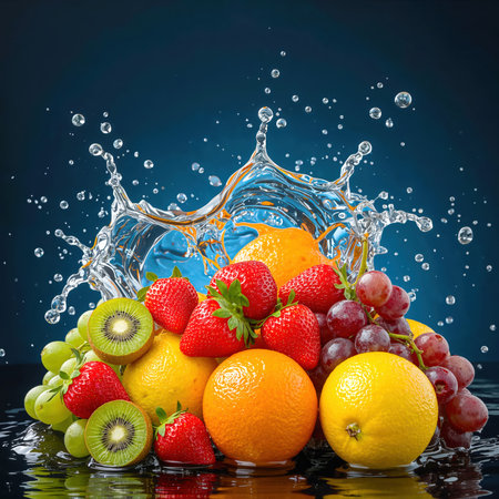 Colorful Fresh Fruits with Water Splash on Dark Blue Backgroundの素材