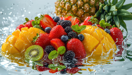 Assorted Fresh Fruits with Water Splash on Reflective Surface and Pineapple Backgroundの素材