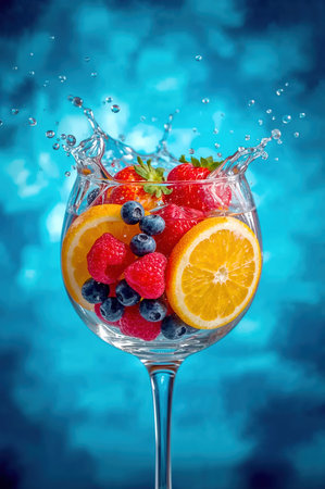 Fresh Fruit Splash in Clear Glass Against Vibrant Blue Backgroundの素材