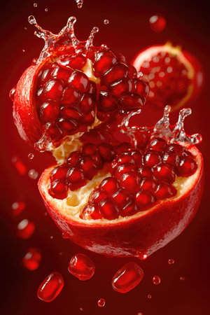 Bursting Pomegranate with Splash and Juice Droplets on Deep Red Backgroundの素材