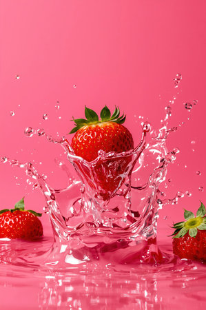 Strawberry Splash in Clear Water Against Vibrant Pink Backgroundの素材