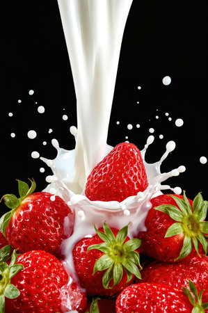Strawberries Splashing in Milk Against Dark Backgroundの素材