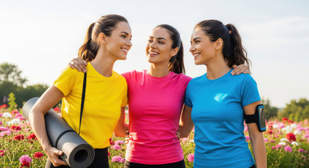 Three Adult Women Embracing on Beach After Yoga Session in Athletic Wearの素材