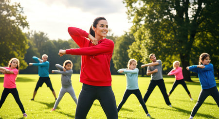 Large Group of Active People Exercising Outdoors in Park with a Woman Stretchingの素材