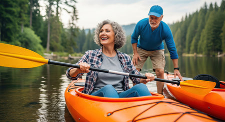 Mature Couple Kayaking on Peaceful Forest Lake in Natural Outdoor Settingの素材