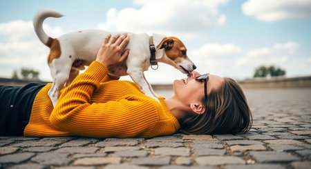 Joyful Young Adult with Playful Dog Outdoors on Cobblestone Surface in Natural Lightの素材