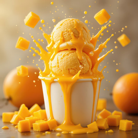 Mango Ice Cream Overflowing with Mango Sauce and Cubes in White Cup â Tropical Dessert Splash in Motionの素材