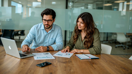 A professionally dressed man in a beige suit and white shirt works at a round table in a modern office or coworking space. He is engaged with both a silver laptop and a smartphone, highlighting multitasking and digital productivity. The background features large glass windows, lush indoor plants, and additional seating, creating a clean and contemporary business environment. Ideal for themes related to remote work, professional lifestyle, office technology, and modern workplace culture.の素材