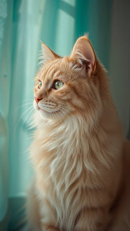 A close-up profile of a fluffy orange tabby cat with striking green eyes, peacefully gazing out of a window framed by sheer turquoise curtains. The soft natural light enhances the texture of the catâs fur and creates a tranquil, contemplative mood. Perfect for themes related to pet lifestyle, feline behavior, and cozy home environments, this image captures the quiet beauty of a serene moment indoors.の素材