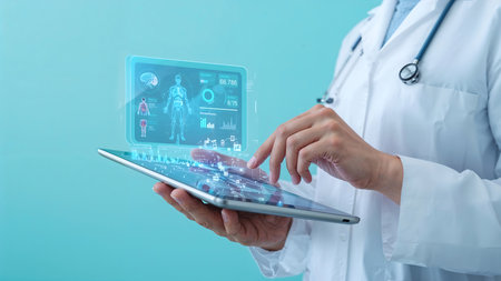 A medical professional in a white lab coat and stethoscope interacts with a tablet displaying a futuristic holographic interface. The screen features detailed health data including a human body diagram, brain scan, heart rate, and various medical charts and icons. This visually compelling image highlights the integration of advanced technology in modern healthcare, showcasing themes of digital diagnostics, augmented reality, and AI-powered medical tools. Ideal for editorial content, healthcare innovation, and medical technology promotion.の素材