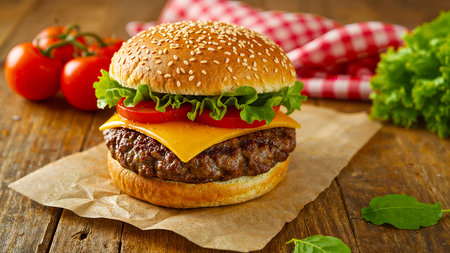 A visually appetizing close-up of a classic cheeseburger served on parchment paper atop a rustic wooden surface. The burger features a grilled beef patty layered with melted cheddar cheese, fresh tomato slices, and crisp green leaf lettuce, all nestled in a sesame seed bun. In the background, vine-ripened tomatoes, leafy lettuce, and a red-and-white checkered cloth enhance the fresh and homestyle aesthetic. Ideal for food advertising, editorial content, or culinary blogs, this image captures the vibrant textures and wholesome ingredients of a timeless comfort meal.の素材