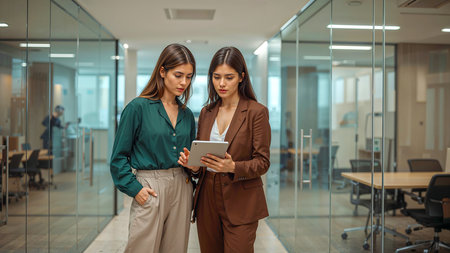 Two professionally dressed businesswomen stand in a sleek office hallway with glass walls, engaged in a focused discussion over a tablet device. One wears a green blouse with beige trousers, while the other sports a brown suit with a light blue blouse. The modern setting includes a visible conference room and another colleague in the background, suggesting a dynamic and collaborative work environment. Ideal for themes related to corporate culture, teamwork, leadership, and technology in the workplace.の素材