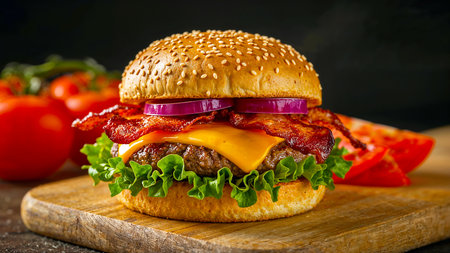 A mouthwatering close-up of a gourmet cheeseburger served on a rustic wooden cutting board. The burger features a juicy beef patty layered with melted cheddar cheese, crispy bacon, fresh lettuce, and red onion slices, all nestled in a golden sesame seed bun. In the background, whole and sliced tomatoes add a vibrant touch of freshness. Perfect for food advertising, editorial content, or culinary blogs, this image captures the rich textures and bold colors of a classic comfort meal.の素材