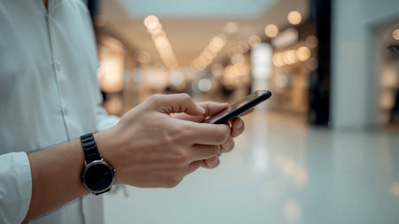 A close-up image of a person dressed in a white long-sleeve shirt and black wristwatch, actively using a smartphone in a brightly lit indoor environment. The blurred background features bokeh lights and storefronts, suggesting a commercial or public space. This visually engaging scene captures the essence of modern digital interaction and mobile connectivity, making it ideal for themes related to technology, lifestyle, and urban environments.の素材