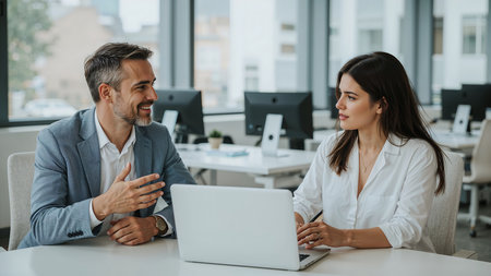 Two business professionals seated at a desk in a modern office setting, actively engaged in a collaborative discussion. One individual in a light blue suit gestures while speaking, while the other in a white blouse listens attentively and takes notes beside a laptop. The background features multiple desks, desktop computers, office chairs, and large windows that flood the space with natural light and offer a view of city buildings. This image is ideal for themes related to corporate communication, teamwork, professional development, and modern office culture.の素材